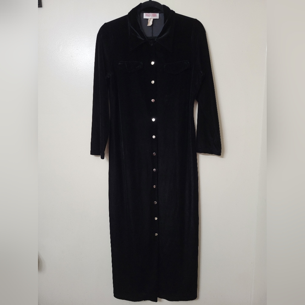 Vintage Maggy London Black Velvet Button Down Long Sleeve Dress